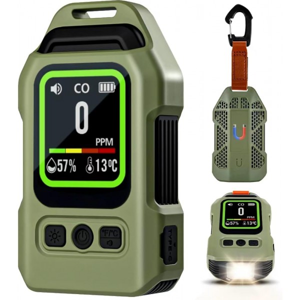 Portable Carbon Monoxide Detector for Travel, 300H Standby, CO Detector with Magnetic Back, Rechargeable 3-in-1 CO Monitor with Audible & Visual Alarm for Camping, Hotel, Car & RV (Green)