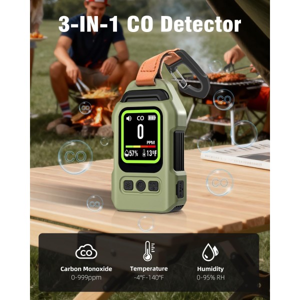 Portable Carbon Monoxide Detector for Travel, 300H Standby, CO Detector with Magnetic Back, Rechargeable 3-in-1 CO Monitor with Audible & Visual Alarm for Camping, Hotel, Car & RV (Green)