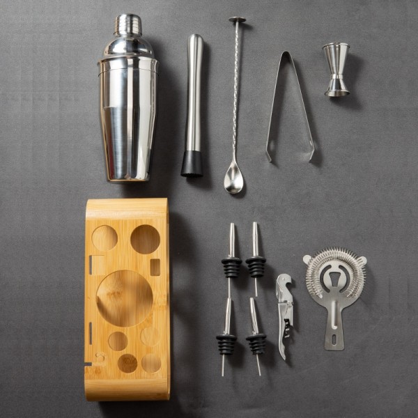 12 In 1 Stainless Steel Bartender Set With Oval Wooden Frame Base Bar Bartending Tools, Style: 350ml