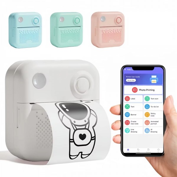 200DPI Mini Label Printer Thermal Inkless Black And White Printer With 1 Roll Printing Paper(Pink)