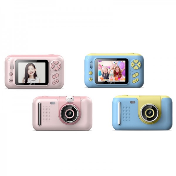 2.4 Inch Children HD Reversible Photo SLR Camera, Color: Yellow Blue + 16G Memory Card + Card Reader