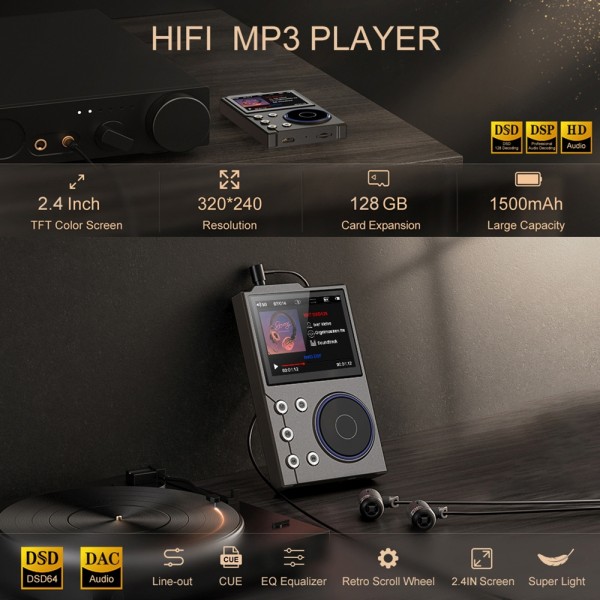 2.4 Inch HIFI Bluetooth Music Player DSD256 Mastering Sound Quality Walkman, Memory: 16GB(Gray)