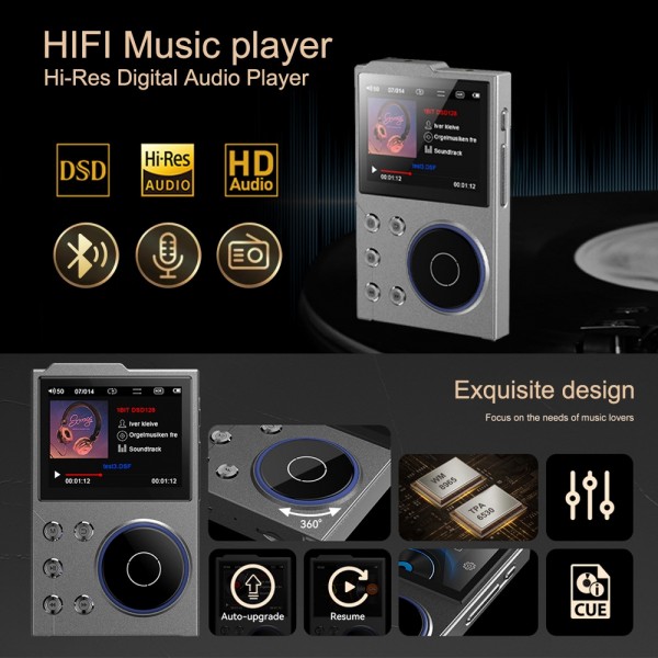 2.4 Inch HIFI Bluetooth Music Player DSD256 Mastering Sound Quality Walkman, Memory: 16GB(Gray)