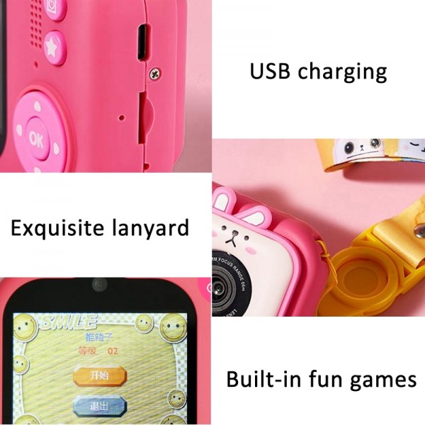 2.4 Inch IPS Screen 48MP Dual Lens Kids Digital Camera Mini Video Camera Without TF Card Pink Bunny