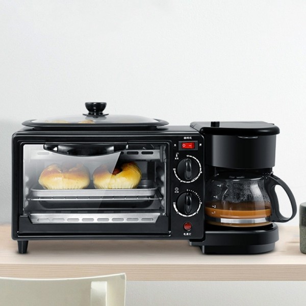 3 in 1 Electric Breakfast Machine Multifunction Coffee Maker + Frying Pan + Mini Oven  Household Bread Pizza Oven(Black)