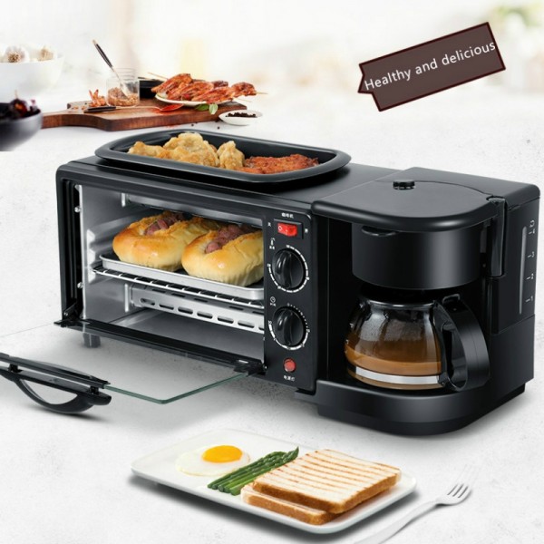 3 in 1 Electric Breakfast Machine Multifunction Coffee Maker + Frying Pan + Mini Oven  Household Bread Pizza Oven(Black)