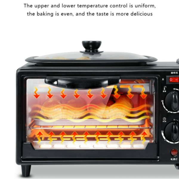 3 in 1 Electric Breakfast Machine Multifunction Coffee Maker + Frying Pan + Mini Oven  Household Bread Pizza Oven(Black)
