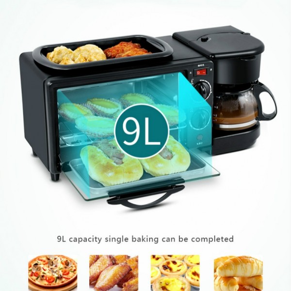 3 in 1 Electric Breakfast Machine Multifunction Coffee Maker + Frying Pan + Mini Oven  Household Bread Pizza Oven(Black)