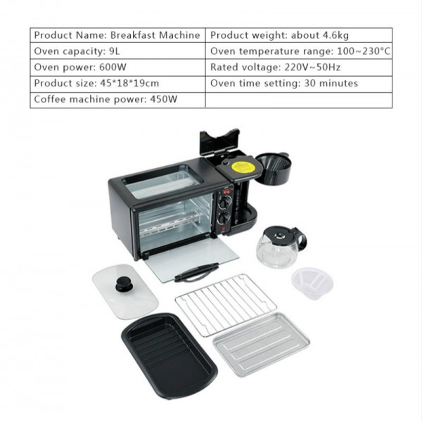 3 in 1 Electric Breakfast Machine Multifunction Coffee Maker + Frying Pan + Mini Oven  Household Bread Pizza Oven(Black)