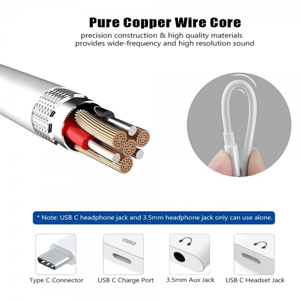3 in 1 USB-C + 3.5mm + 3.5mm to USB-C Digital Charge Audio Adapter (White)