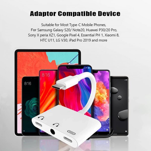 3 in 1 USB-C + 3.5mm + 3.5mm to USB-C Digital Charge Audio Adapter (White)