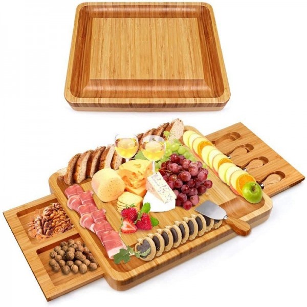 39 x 33 x 3.8cm Natural Bamboo Cheese Board +4 Knife Set