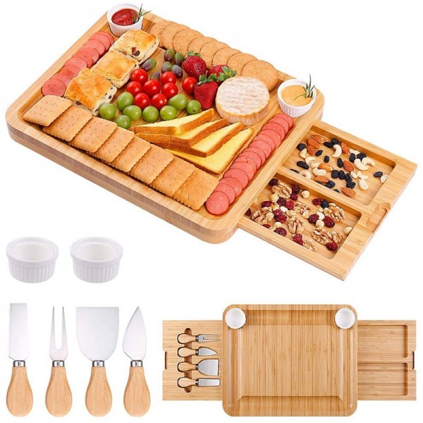 39 x 33 x 3.8cm Natural Bamboo Cheese Board +4 Knife Set