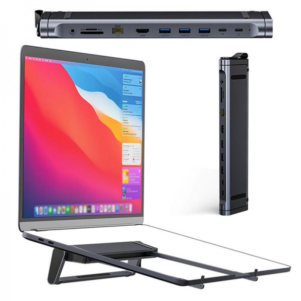 9 In 1 Hub Computer Stand Aluminum Alloy Folding PD Fast Charging With LAN Docking Station Laptop Bracket(Dark Metallic Color)