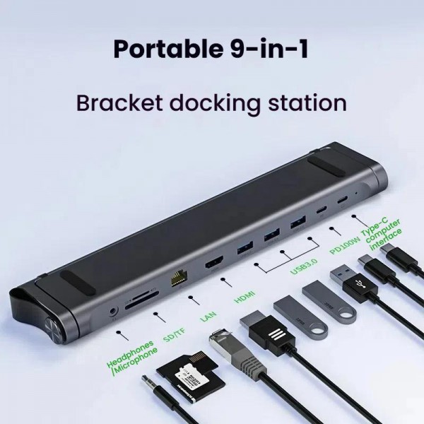 9 In 1 Hub Computer Stand Aluminum Alloy Folding PD Fast Charging With LAN Docking Station Laptop Bracket(Dark Metallic Color)