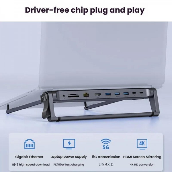 9 In 1 Hub Computer Stand Aluminum Alloy Folding PD Fast Charging With LAN Docking Station Laptop Bracket(Dark Metallic Color)