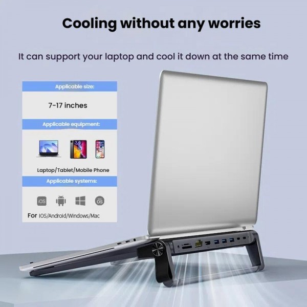 9 In 1 Hub Computer Stand Aluminum Alloy Folding PD Fast Charging With LAN Docking Station Laptop Bracket(Dark Metallic Color)