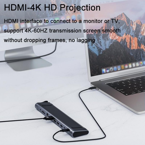 9 In 1 Hub Computer Stand Aluminum Alloy Folding PD Fast Charging With LAN Docking Station Laptop Bracket(Dark Metallic Color)