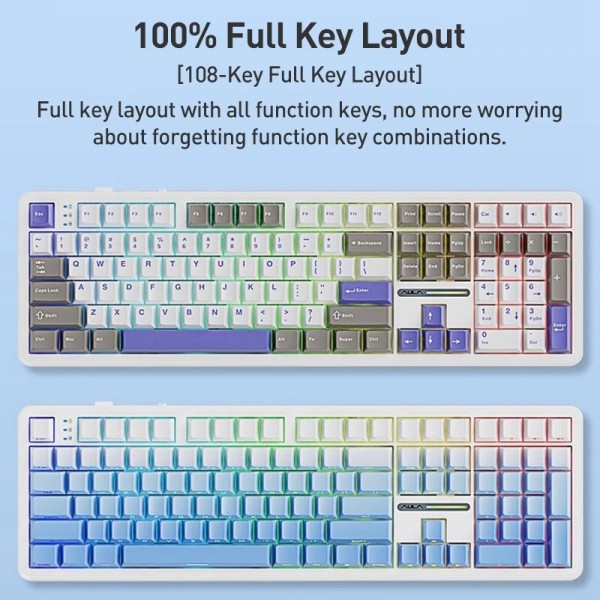 AULA F108 108 Keys Wired/2.4G/Bluetooth Three Model Customizable RGB Gaming Mechanical Keyboard(Gray + White + Blue Caramel Latte Axis)