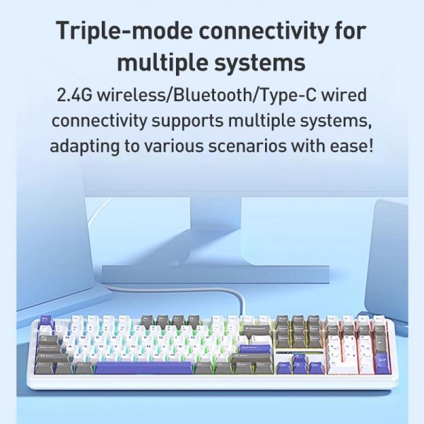 AULA F108 108 Keys Wired/2.4G/Bluetooth Three Model Customizable RGB Gaming Mechanical Keyboard(Gray + White + Blue Caramel Latte Axis)