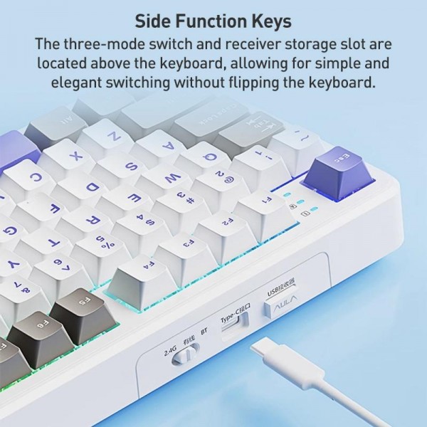 AULA F108 108 Keys Wired/2.4G/Bluetooth Three Model Customizable RGB Gaming Mechanical Keyboard(Gray + White + Blue Caramel Latte Axis)