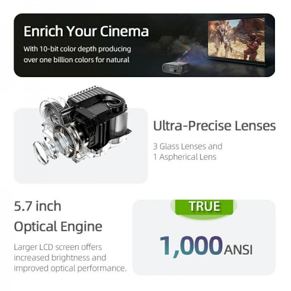 AUN AKEY9S 1080P 1000ANSI Autofocus WIFI Display Smart Projector, US Plug(Black)