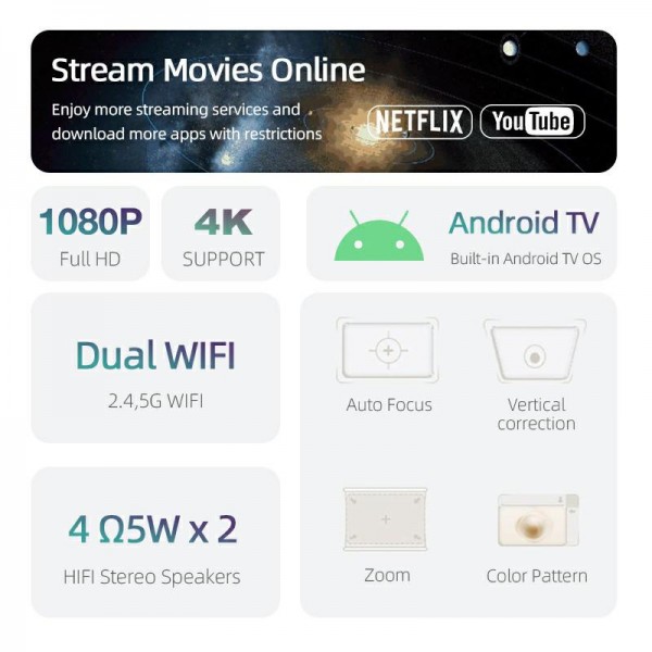 AUN AKEY9S 1080P 1000ANSI Autofocus WIFI Display Smart Projector, US Plug(Black)