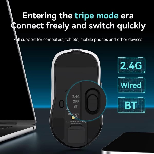 Ajazz AJ159P MC Tri-Mode Magnetic Wireless Mouse Ergonomic Lightweight Silent Gaming Mice(White)