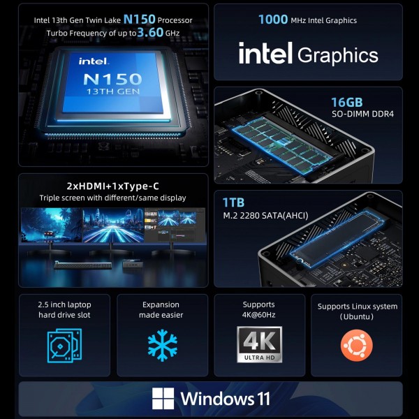 BMAX B4 Turbo Windows 11 Mini PC, 16GB+1TB, Intel Processor N150, Support 3 Monitors Output(US Plug)