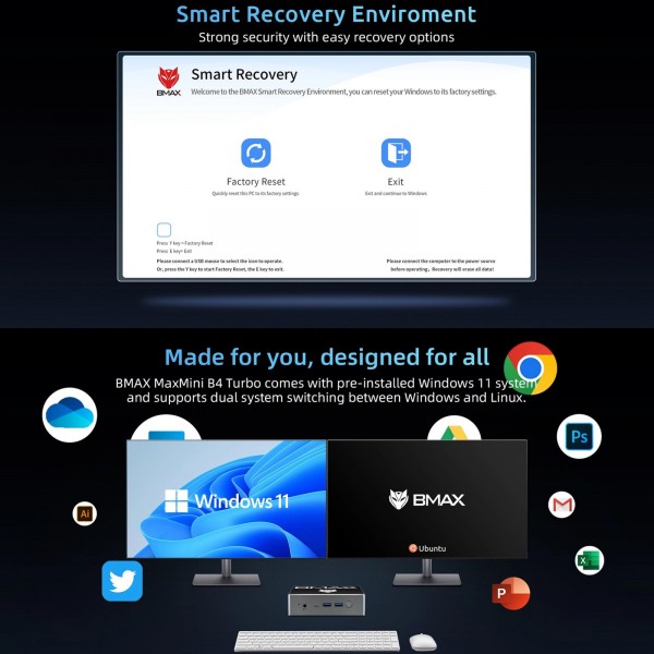 BMAX B4 Turbo Windows 11 Mini PC, 16GB+1TB, Intel Processor N150, Support 3 Monitors Output(US Plug)
