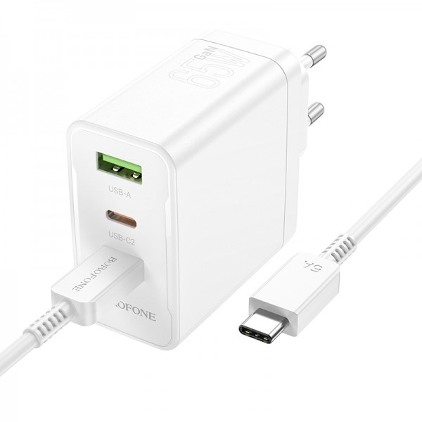 BOROFONE BN12 PD65W Type-C + QC3.0 USB + Dual Type-C Charger with 1m Type-C Cable, EU Plug(White)