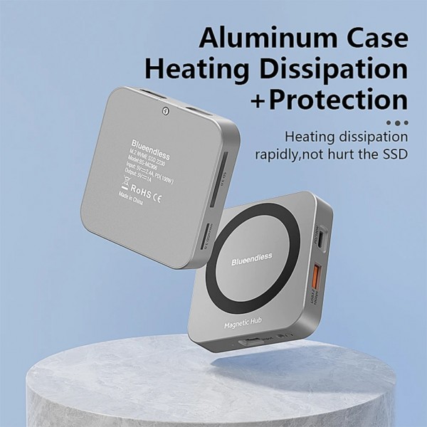 Blueendless 8-In-1 Magnetic HUB With M.2 NVMe/SATA SSD Enclosure (HDMI+PD100W+USB-C/Type-C 3.2+USB-A 3.2+SD+TF+AUX)