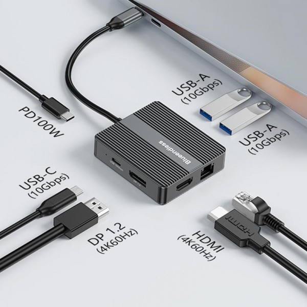 Blueendless HP706 7 In 1 Docking Station Gigabit Ethernet Port High-Speed Transfer HUB