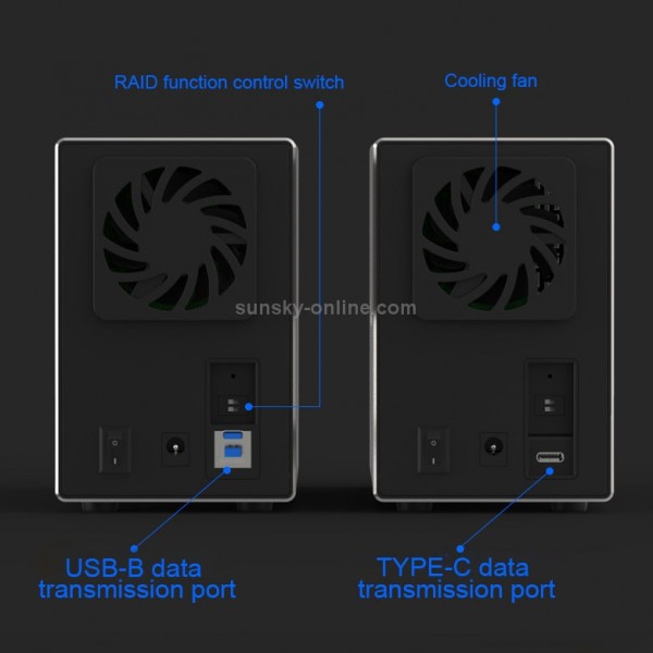 Blueendless Type-C / USB-C Interface 3.5 inch 2 Bay RAID Combination Array HDD External Enclosure (UK Plug)