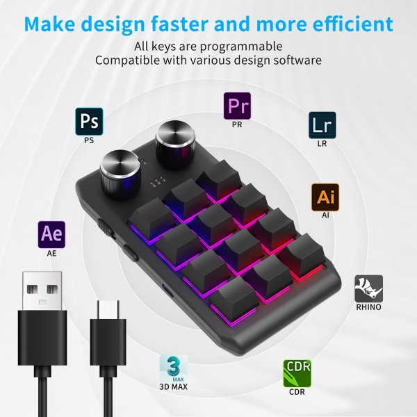 Bluetooth Wireless 12KV2 MOLD Mini Mechanical 12 Keys 2 Knob Custom Programming Keyboard(Black)