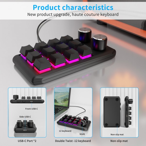 Bluetooth Wireless 12KV2 MOLD Mini Mechanical 12 Keys 2 Knob Custom Programming Keyboard(Black)