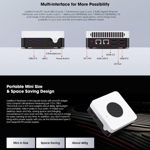 CHIWI LarkBox X Mini PC, Windows 10, AMD Ryzen 7 N150 Quad Core up to 4.0 GHz, 16GB+512GB, Support WiFi 6, Bluetooth 5.2