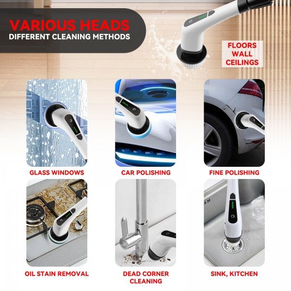 Cordless Electric Spin Scrubber Extension Handle with 7 Replacement Heads(White)