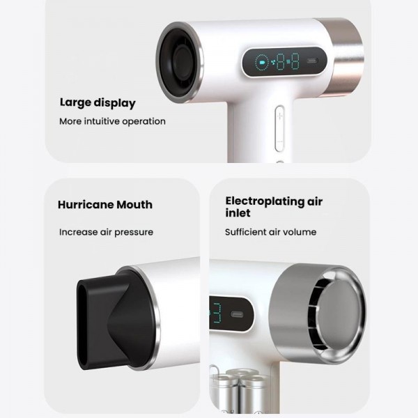 Cordless High-Speed Hair Dryer 100,000 RPM Motor, USB-C Fast Charging & 15600mAh Built-In Battery(White)