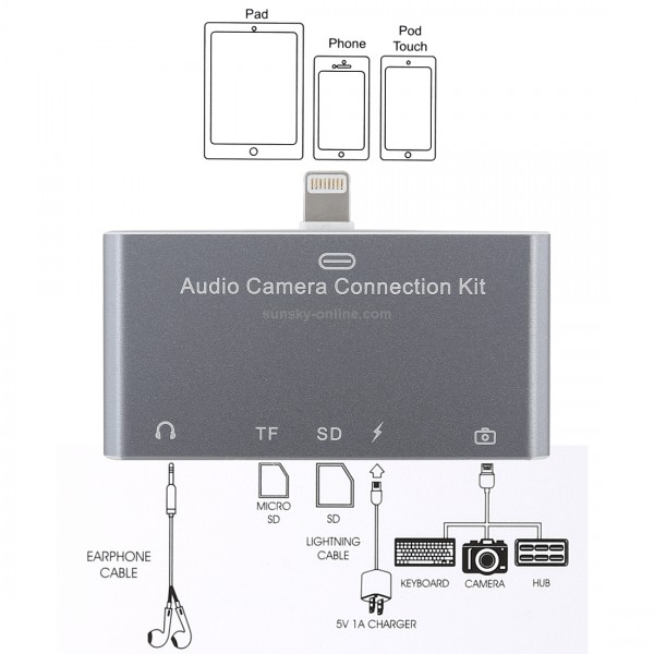 D-198 5 in 1 8 Pin to USB HUB +USB-C / Type-C + 3.5mm Earphone + SD + TF Card Reader for MacBook, PC, Laptop, Smart Phones