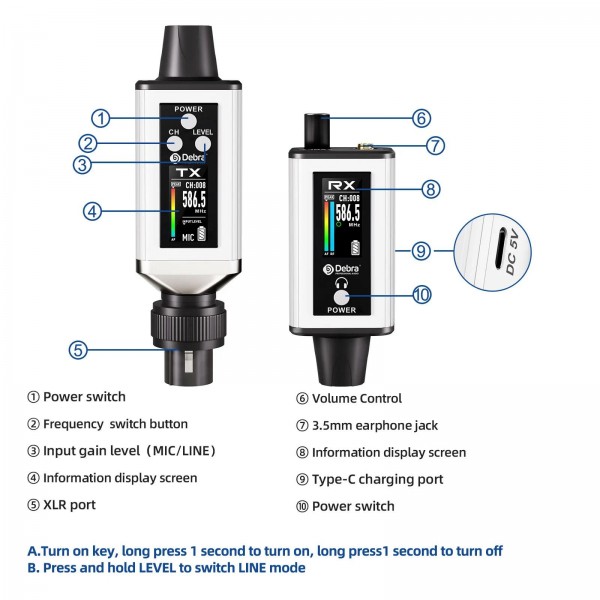 DEBRA EMX-1 XLR Adapter Portable Wireless Monitor System Transmitter & Receiver(White)