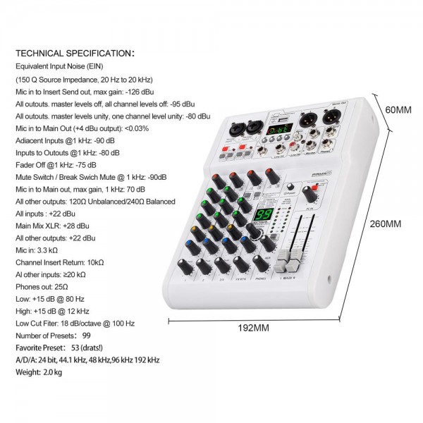 DEBRA PRMX-6 4-Channels Audio Mixer DSP Reverb for Live Recording(US Plug)