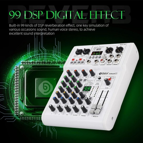 DEBRA PRMX-6 4-Channels Audio Mixer DSP Reverb for Live Recording(US Plug)
