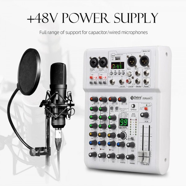 DEBRA PRMX-6 4-Channels Audio Mixer DSP Reverb for Live Recording(US Plug)