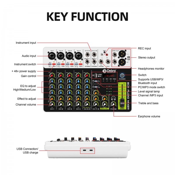 DEBRA V8 8-Channels Audio Mixer Live Recording Reverb(US Plug)