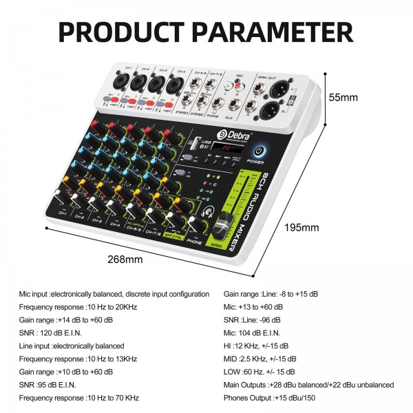 DEBRA V8 8-Channels Audio Mixer Live Recording Reverb(US Plug)