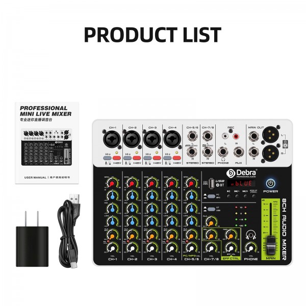 DEBRA V8 8-Channels Audio Mixer Live Recording Reverb(US Plug)