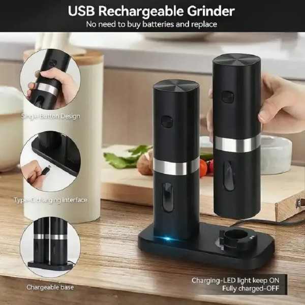 Electric Automatic Salt And Pepper Grinder Set With Charging Base, Model: D2 KYMQ-7C