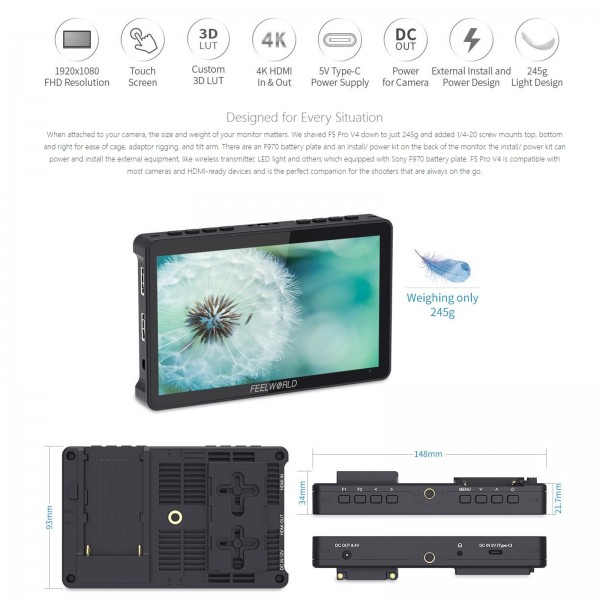 FEELWORLD F5 Pro V4 6 inch Touch Screen DSLR Camera Field Monitor 3D LUT 4K HDMI Input Output Tilt Arm