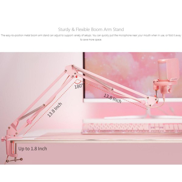 FEELWORLD VM1 USB Condenser Gaming Microphone for Streaming Noise Cancellation Mute RGB Light Boom Arm Stand (Pink)